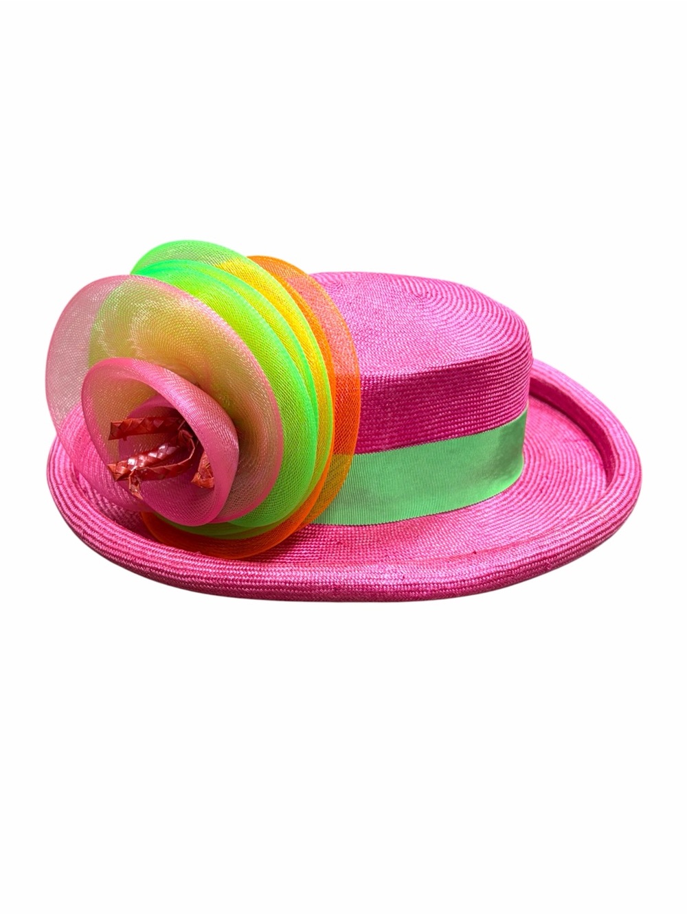 Adolfo II Vintage Hot Pink Straw Boater Hat Neon Mesh Flower Accent
